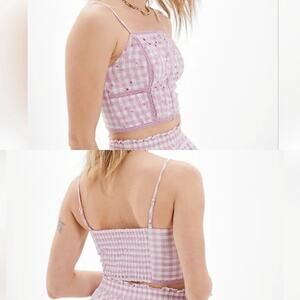 American Eagle Gingham Eyelet Lace Crop Top S Pink Smocked Back Girly Coquette